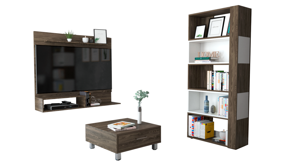 Panel TV + Biblioteca Cubo + Mesa de Centro Color Coñac y Blanco Para Sala De Estar